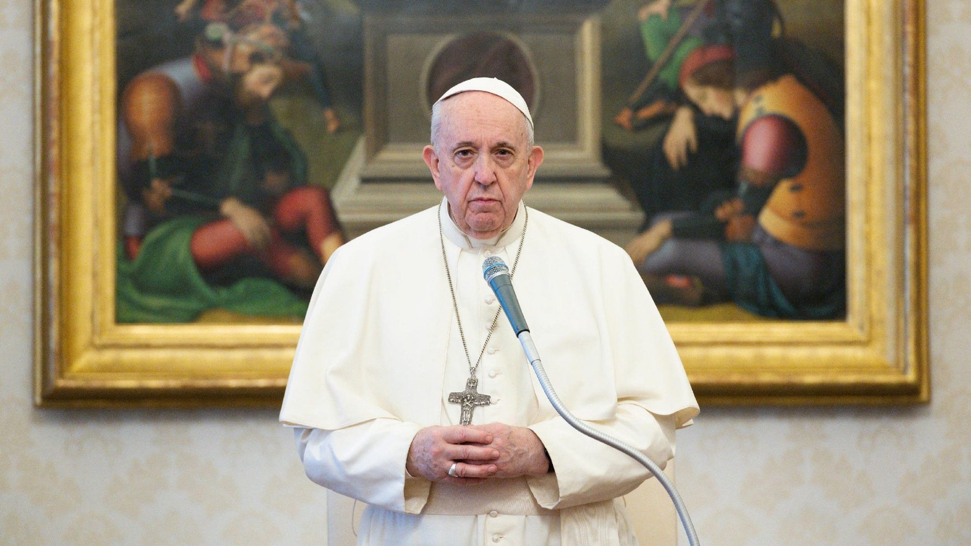 Pope Francis leads his general audience in the papal library of the Apostolic Palace at the Vatican Dec. 2, 2020. The pope continued his series of talks on prayer and reflected on the theme of blessings. (CNS photo/Vatican Media)