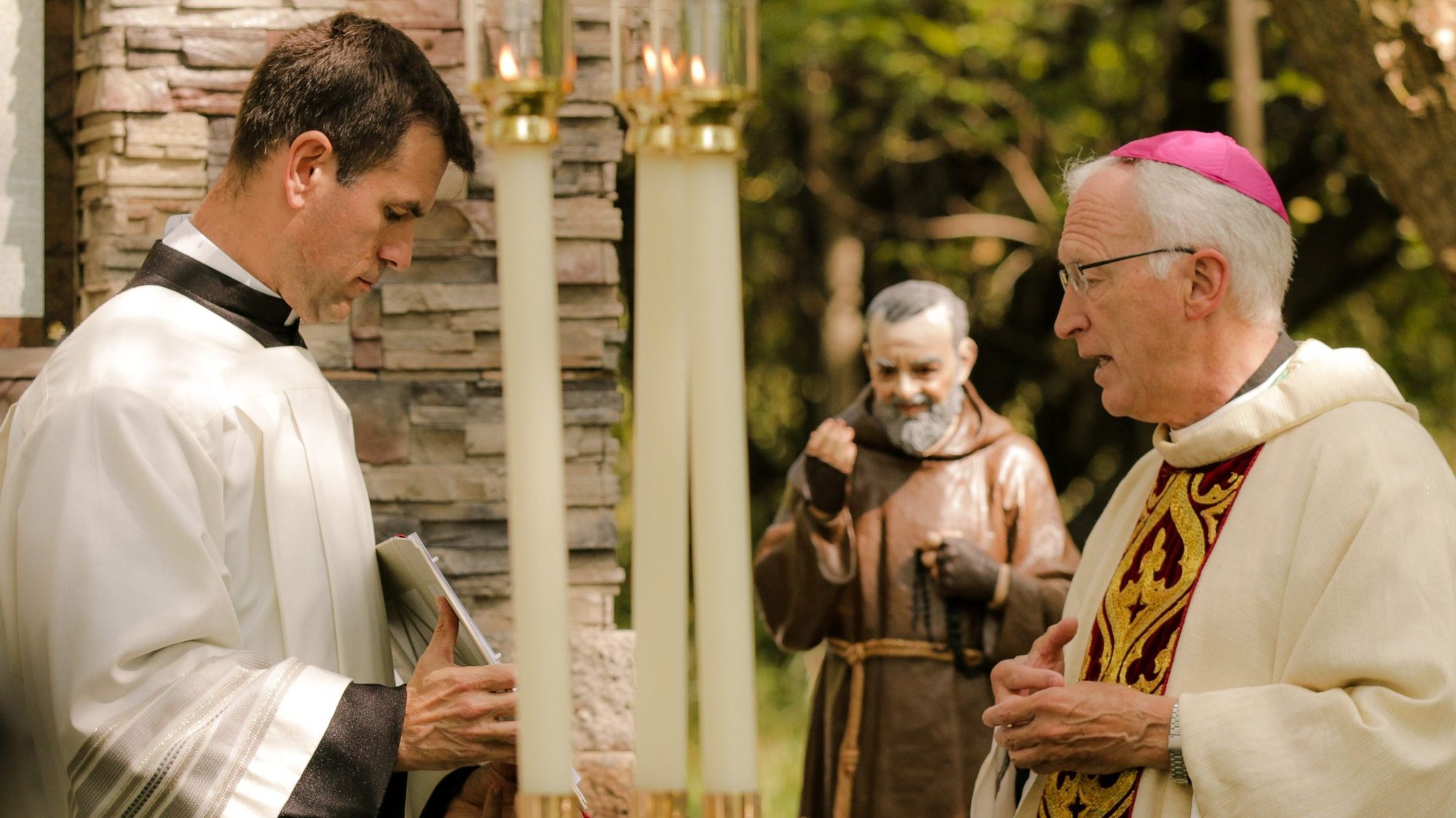 Bishop Earl A. Boyea Jr. of Lansing, Mich., celebrates a Sept. 23, 2020, Mass during the dedication of 40 acres of land in Howell, Mich., donated for the planned "Casa USA" project. The complex will include a replica of St. Pio of Pietrelcina's famous "Home for the Relief of Suffering" hospital in Italy, an adoration chapel, a medical school and the Terri Schiavo Home for the Brain Injured in the spirit of the Italian saint's devotion to the critically ill and dying. (CNS photo/Richard G. Lim, courtesy Catholic Healthcare International)
