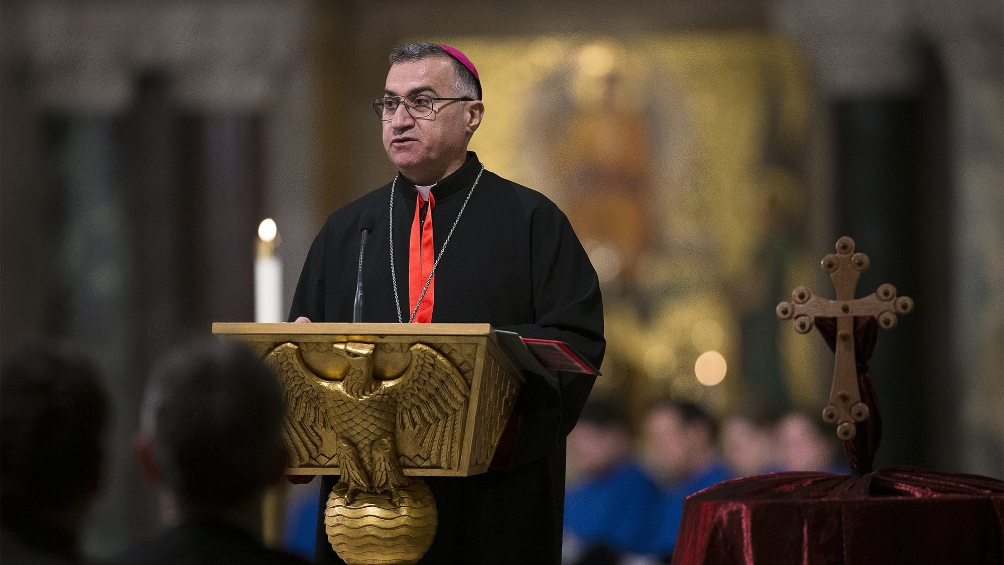 Chaldean Catholic Archbishop Bashar Warda of Irbil, Iraq, gives a testimony of Christian persecution Nov. 28, 2018, during a vespers service in the Crypt Church at the Basilica of the National Shrine of the Immaculate Conception in Washington. (CNS photo/Tyler Orsburn)