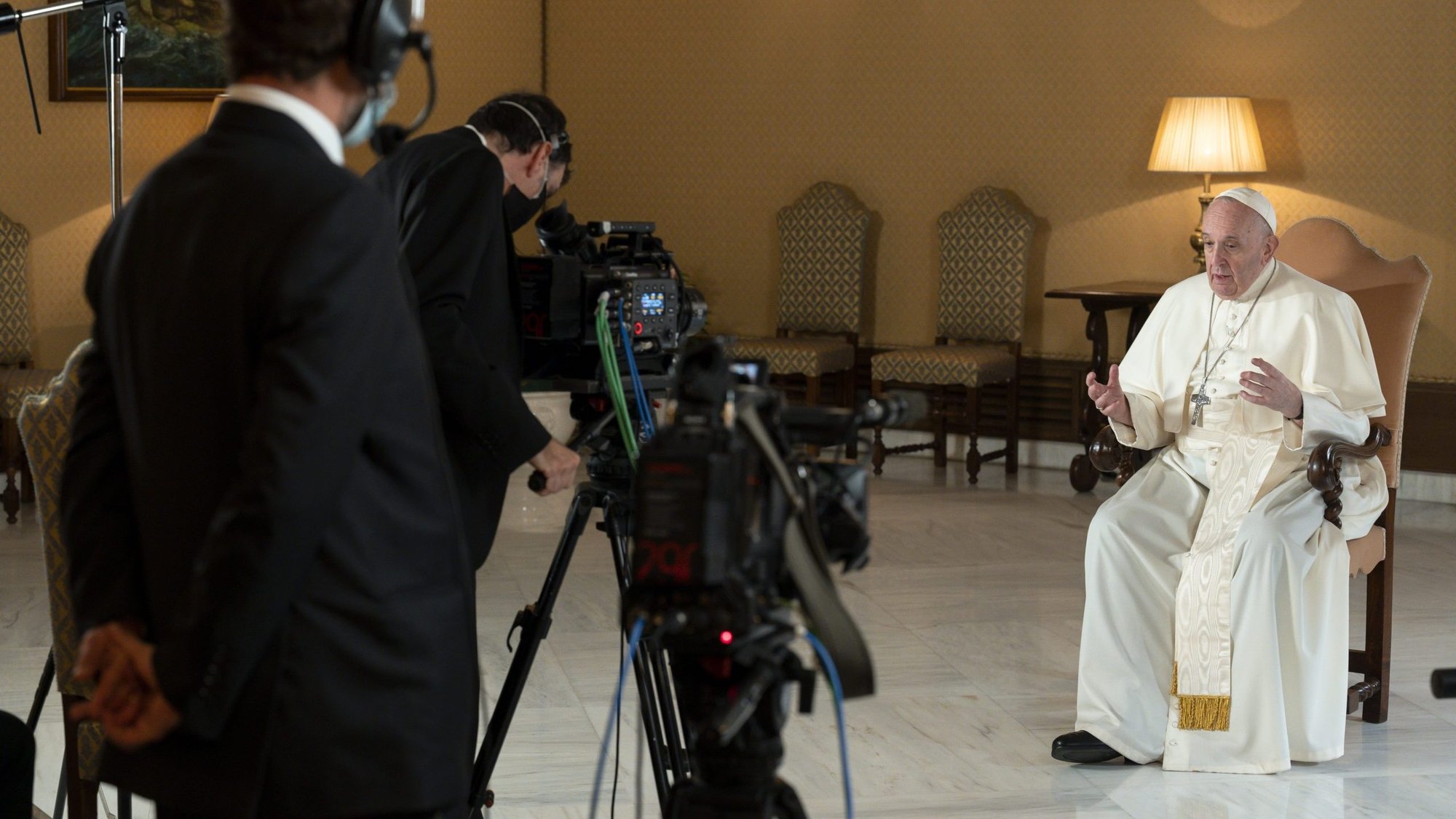 Pope Francis is interviewed at the Vatican for an upcoming Netflix documentary based on the pope's book, "Sharing the Wisdom of Time." The documentary will be available worldwide in 2021 and feature the pope and other people over 70 sharing their life stories and experiences with filmmakers under 30. (CNS photo/Simone Risoluti, Vatican Media)