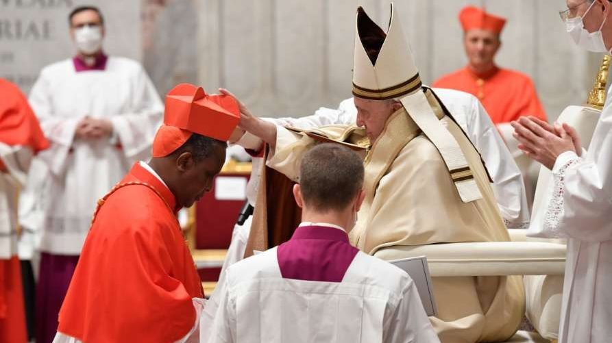 Cardinal Antoine Kambanda receives the red hat from Pope Francis Nov. 28, 2020. (Vatican Media via CNA)