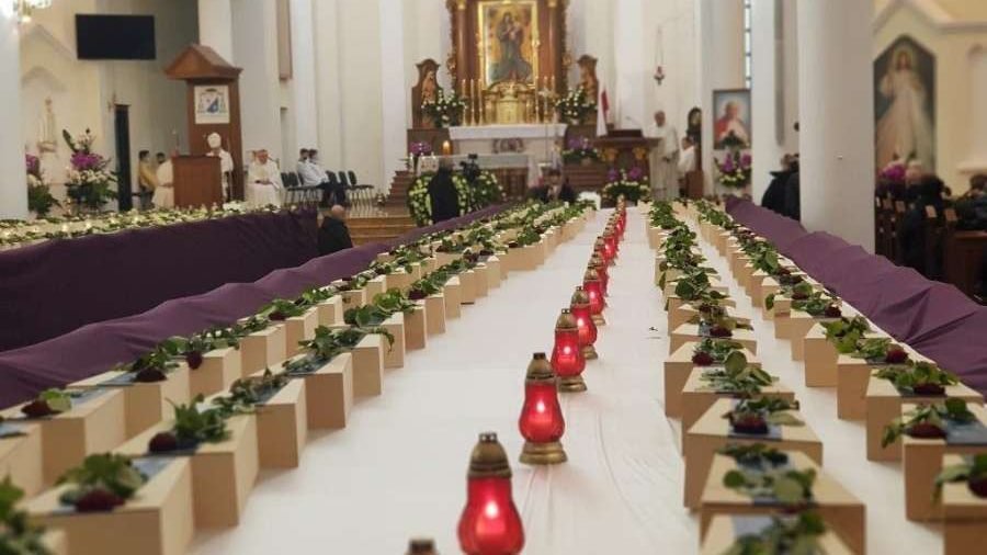 The coffins of 640 unborn children in the Church of Holy Trinity in Gończyce, Poland, Dec. 12, 2020. (Bogdan Romaniuk via CNA)