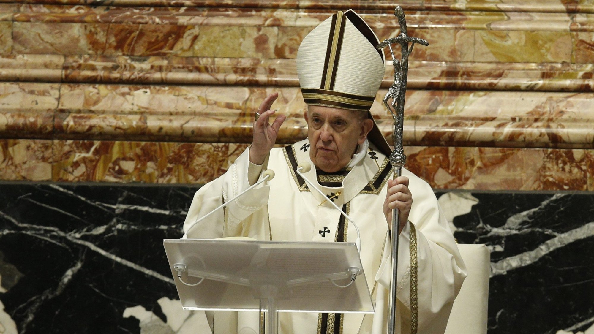 Pope Francis delivers his blessing as he celebrates Mass on the feast of the Epiphany in St. Peter's Basilica at the Vatican Jan. 6, 2021. (CNS photo/Paul Haring)