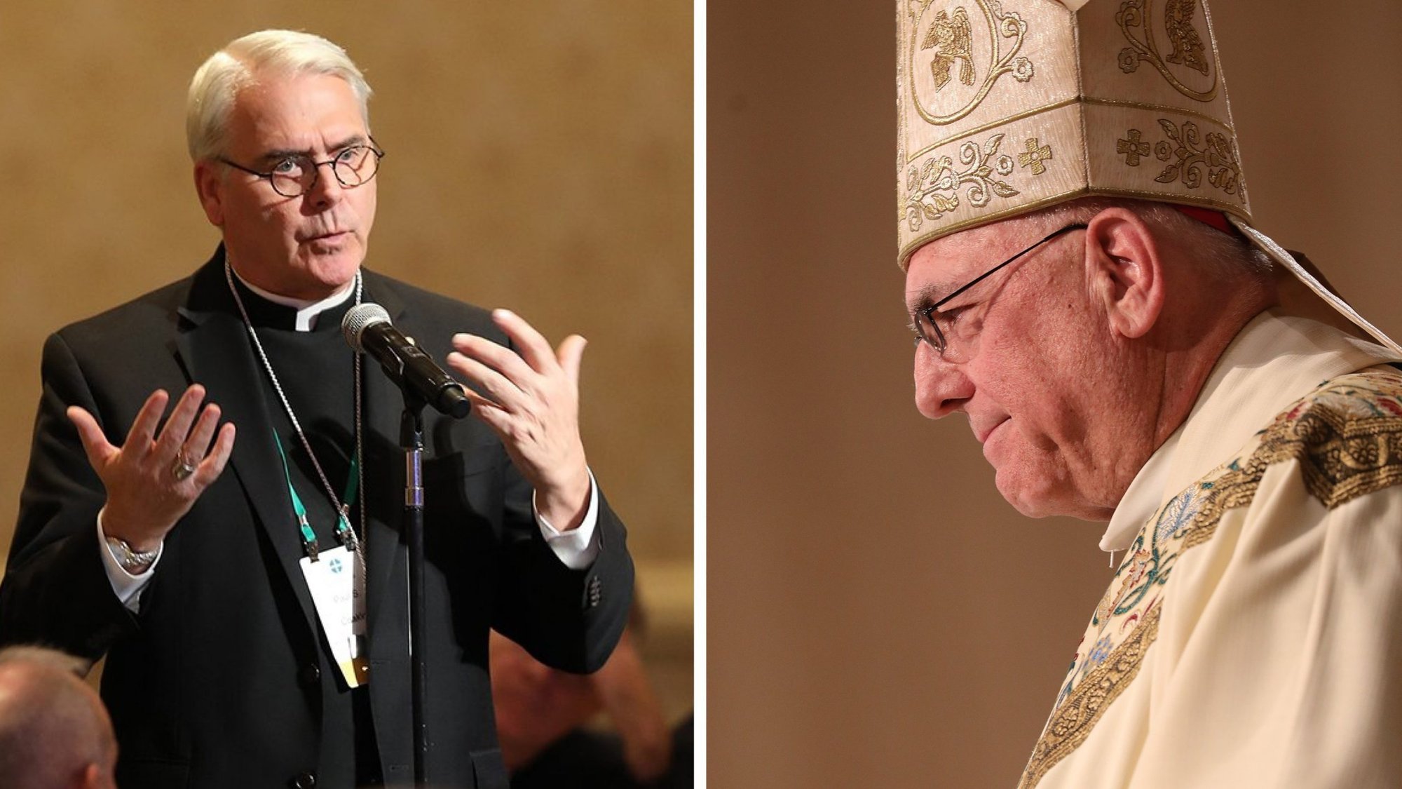 Archbishop Paul S. Coakley of Oklahoma City, chairman of the U.S. Conference of Catholic Bishops' Committee on Domestic Justice and Human Development, and Archbishop Joseph F. Naumann of Kansas City, chairman of the U.S. bishops' Committee on Pro-Life Activities, are seen in this composite photo. (CNS composite/photos by Bob Roller)