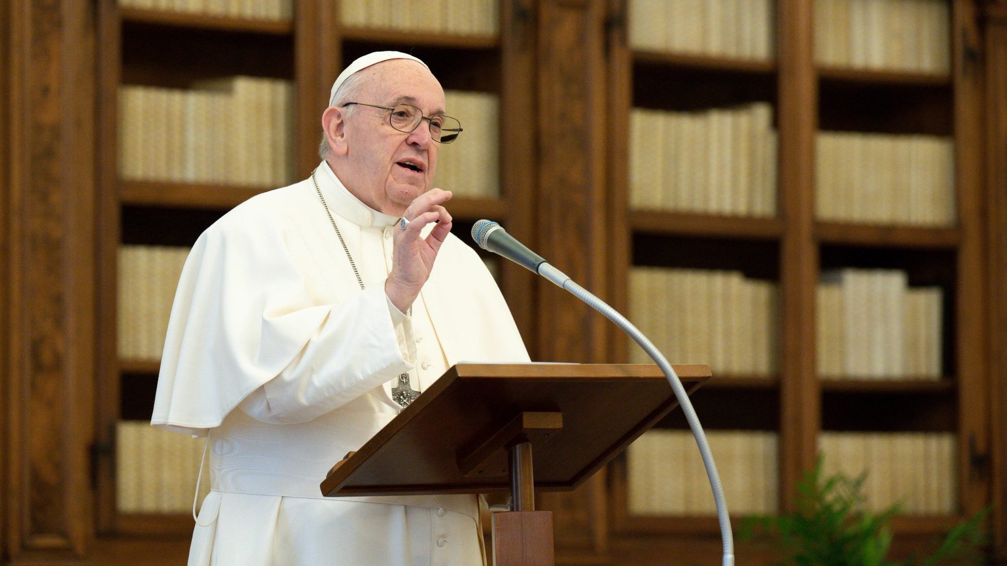 Pope Francis leads the midday recitation of the Angelus Jan. 17, 2021, from the library of the Apostolic Palace at the Vatican. (CNS photo/Vatican Media)