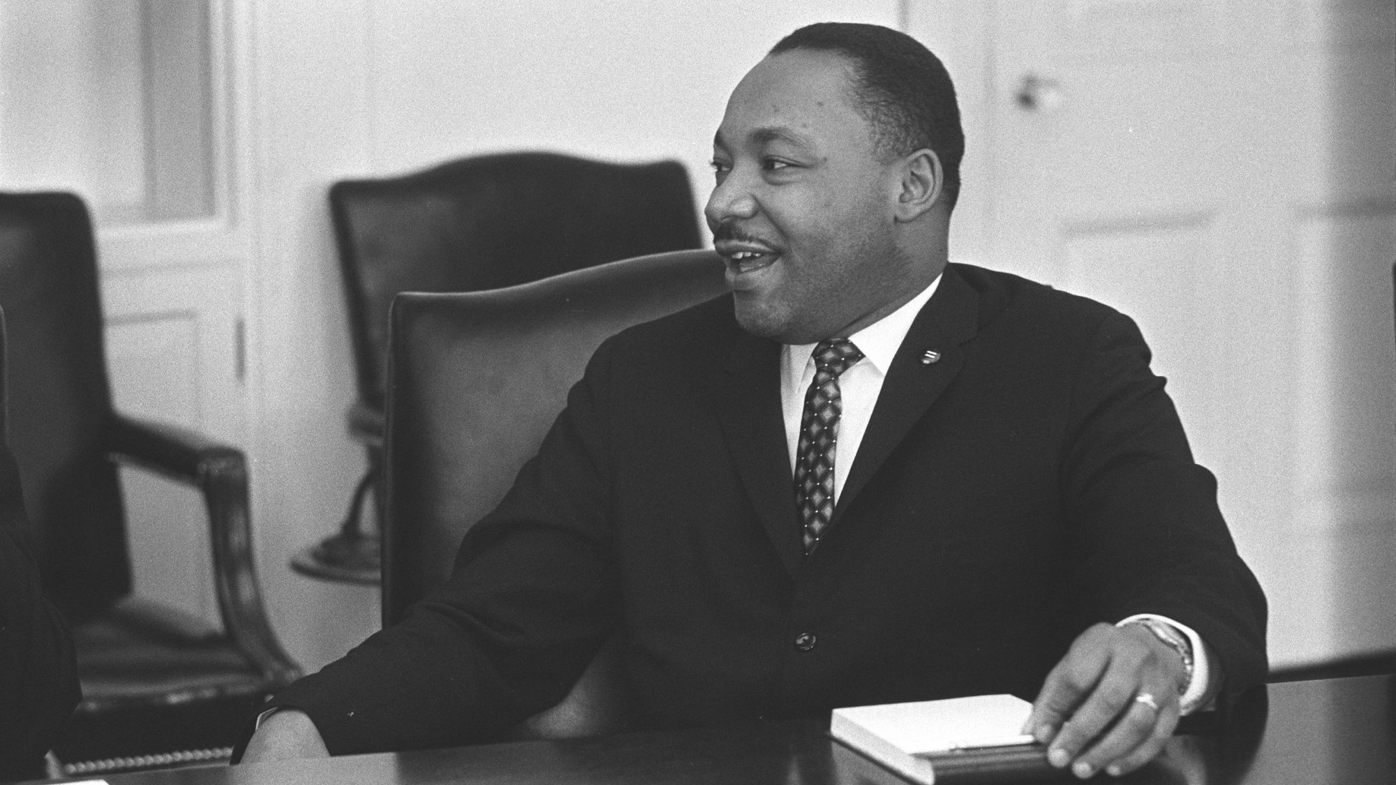 The Rev. Martin Luther King Jr. smiles during a talk with U.S. President Lyndon B. Johnson, not pictured, in this undated photo. Pope Francis paid tribute to the activist's vision in a message to a conference organized by the Rev. Bernice King, youngest daughter of the slain civil rights leader. (CNS photo/Yoichi Okamoto, courtesy LBJ Library)
