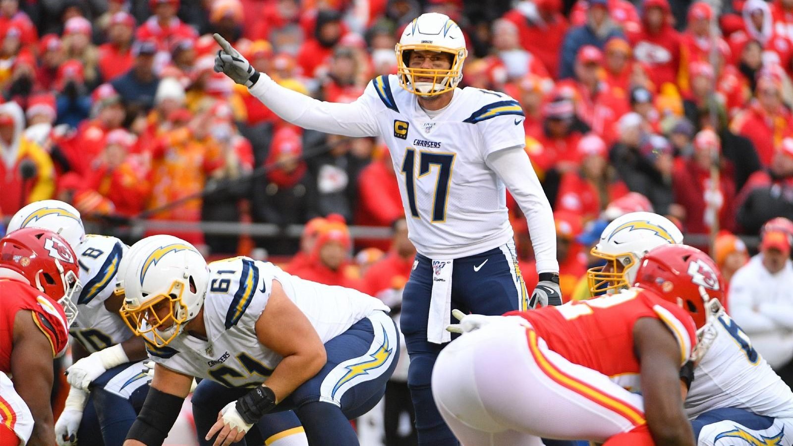 Then-Los Angeles Chargers quarterback Philip Rivers is seen playing against the Kansas City Chiefs at Arrowhead Stadium Dec. 29, 2019. Rivers, most recently with the Indianapolis Colts, retired on the feast of St. Sebastian, patron saint of athletes. He will be the new head football coach at a Catholic high school in Archdiocese of Mobile, Ala. (CNS photo/Denny Medley-USA TODAY Sports via Reuters)