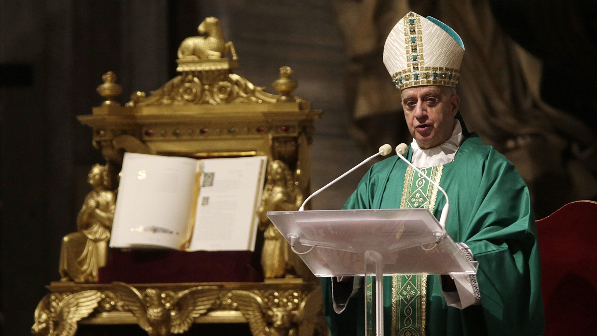 Archbishop Rino Fisichella presides over Mass marking Sunday of the Word of God in St. Peter's Basilica at the Vatican Jan. 24, 2021. Pope Francis had been scheduled to celebrate the Mass but was not present due to a bout of sciatica. (CNS photo/Romano Siciliani, pool)