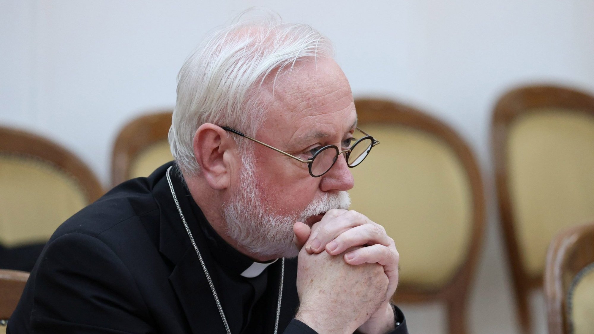 Archbishop Paul R. Gallagher, Vatican foreign minister, listens during a meeting in Minsk, Belarus, in this Sept. 11, 2020, file photo. (CNS photo/Maxim Guchek, BelTA handout via Reuters)