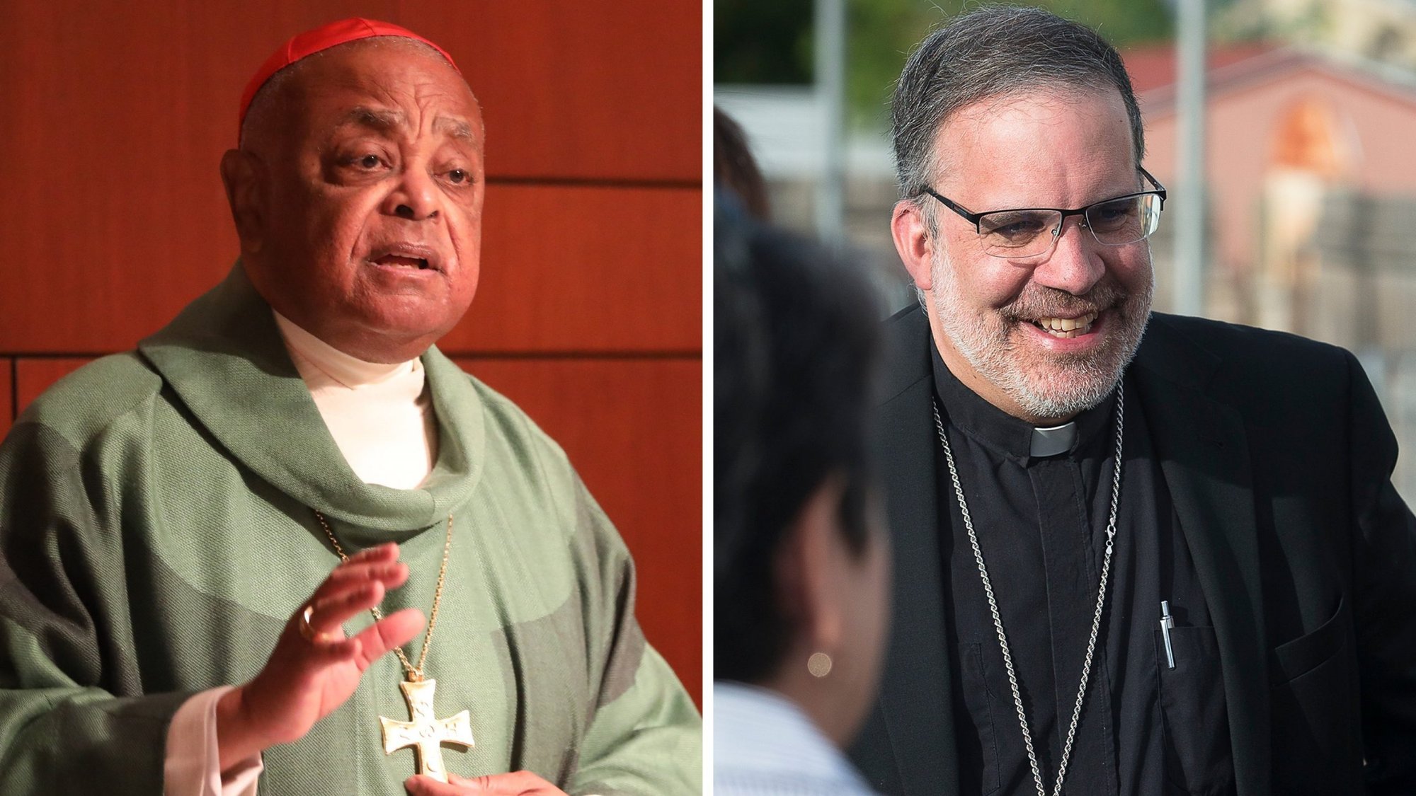 Cardinal Wilton D. Gregory of Washington and Bishop John E. Stowe of Lexington, Ky., are seen in this composite photo. (CNS composite; photos by Andrew Biraj, Catholic Standard, and Tyler Orsburn)