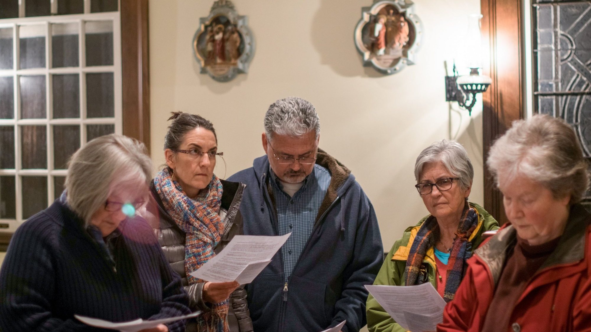 Death penalty opponents Carol Mayfield, from left, Pilar and Ron Jones, Maryellen Rodgers and Mary Anne Cummins gather at historic St. Mary of Sorrows Church in Fairfax, Va., to pray for an end to the death penalty in this 2017 file photo. The Virginia House of Delegates voted 57-41 to abolish the death penalty Feb. 5, 2021, two days after the Virginia Senate took the same action in a 21-17 vote. (CNS photo/Zoey Maraist, Catholic Herald)
