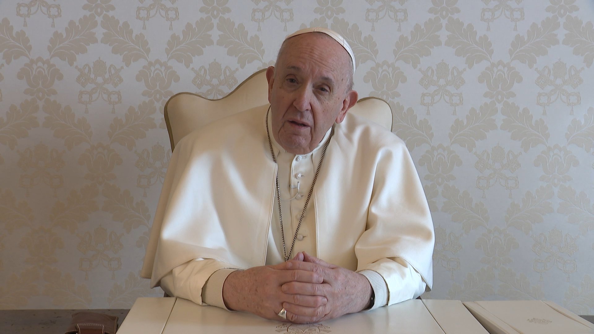 Pope Francis speaks in a video message released Feb. 15, 2021, to mark the "Day of Contemporary Martyrs." In the message, the pope honored the 21 Coptic Christians beheaded on a beach in Libya by members of the Islamic State Feb. 15, 2015. (CNS photo/Holy See Press Office)