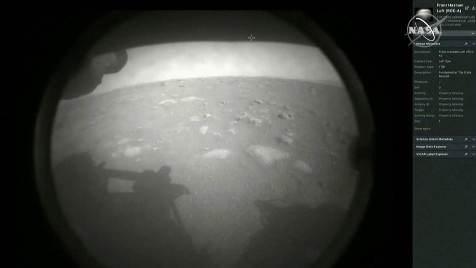 The first images arrive moments after NASA's "Perseverance" Mars rover spacecraft successfully touched down on Mars, in this image from video at NASA's Jet Propulsion Laboratory in Pasadena, Calif., Feb. 18, 2021. As "Perseverance" prepares to send high-definition images of its surroundings, one papal astronomer said he hoped these fresh new discoveries will inspire the next generation. (CNS photo/NASA TV via Reuters)