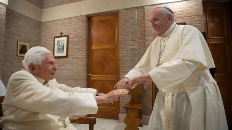 Pope Francis greets Pope emeritus Benedict XVI at the Vatican’s Mater Ecclesiae Monastery on Nov. 28, 2020. (Vatican Media via CNA)