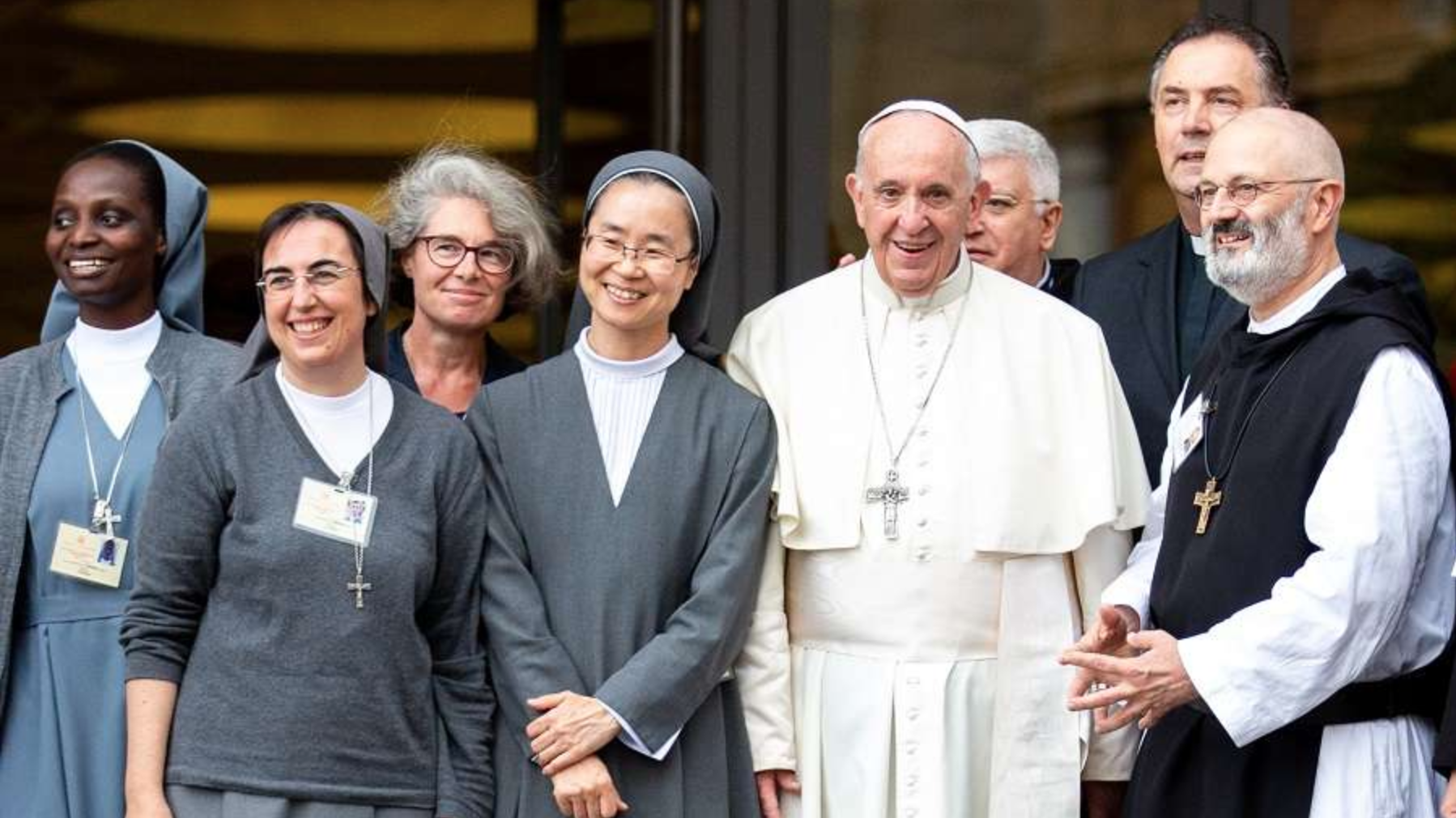 Sr. Nathalie Becquart (third from left) poses with Pope Francis and others during the youth synod in 2018. (Daniel Ibanez/CNA)
