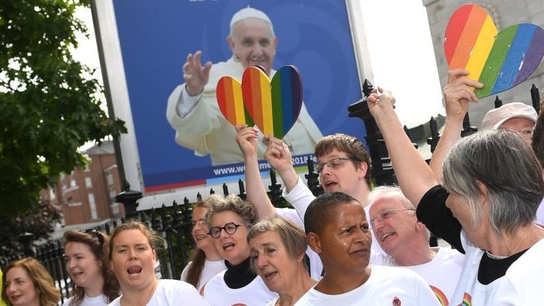 In a file photo, an LGBT choir sings outside the Pastoral Congress at the World Meeting of Families in Dublin Aug. 23. (CNS/Clodagh Kilcoyne,Reuters via Crux)
