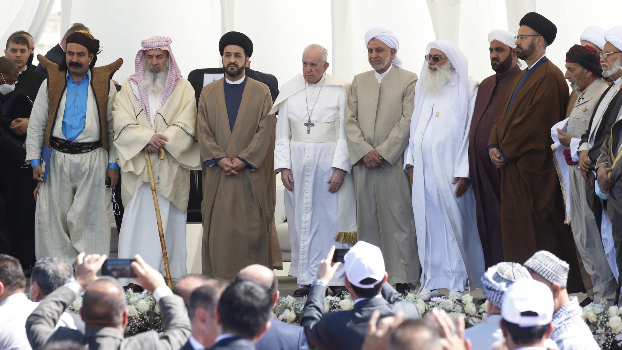 Pope Francis is pictured with religious leaders during an interreligious meeting on the plain of Ur near Nasiriyah, Iraq, March 6, 2021. (CNS photo/Paul Haring)