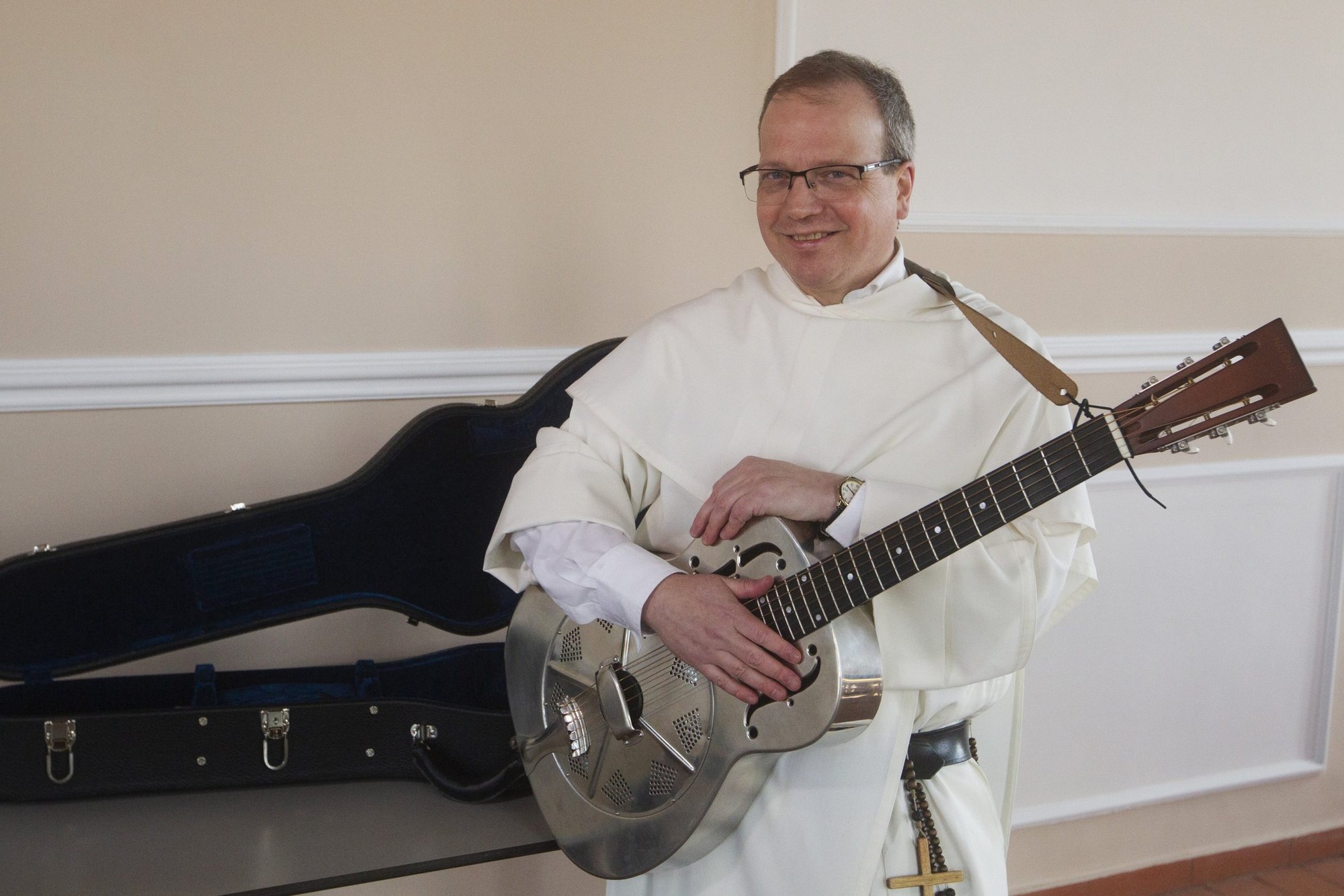 Dominican Father Thomas Joseph White, co-founder of the U.S.-based bluegrass band "The Hillbilly Thomists," is pictured in Rome March 13, 2021. (CNS photo/Robert Duncan)