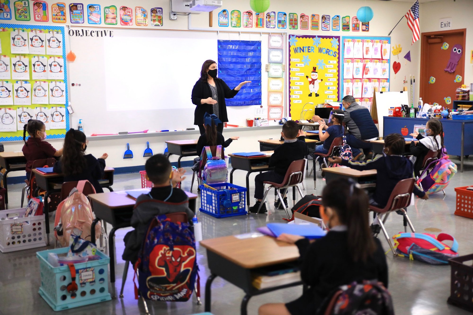 St. Bernard kindergartners in the classroom on March 3, 2021 their first day of in-person learning after the pandemic. (David Amador Rivera)