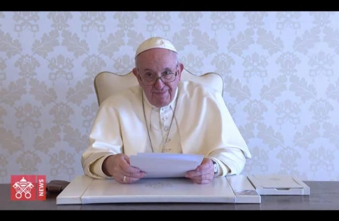 In this file photo, Pope Francis speaks from the Vatican in this image taken from a video message to young people of the Archdiocese of Krakow, Poland, commemorating the 100th anniversary of St. John Paul's birth. (CNS photo/Holy See Press Office)