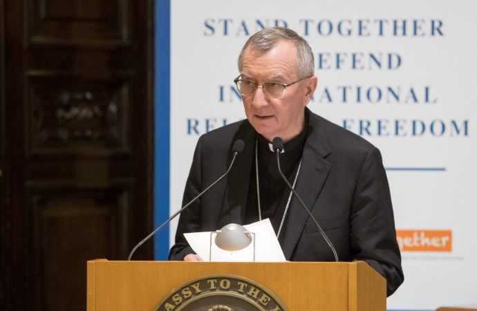 Cardinal Pietro Parolin, Vatican secretary of state, speaks at a symposium on religious freedom hosted by the U.S. Embassy to the Holy See in Rome April 3, 2019. Cardinal Parolin spoke about divisions in the church, the Vatican's approach to China and other issues in an interview that aired April 5, 2021, on Spain's COPE radio network. (A.J. Olnes/U.S. Embassy to the Holy See via CNS)
