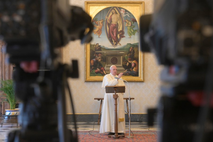 Pope Francis delivers a Regina Coeli address in the library of the Apostolic Palace. (Vatican Media)