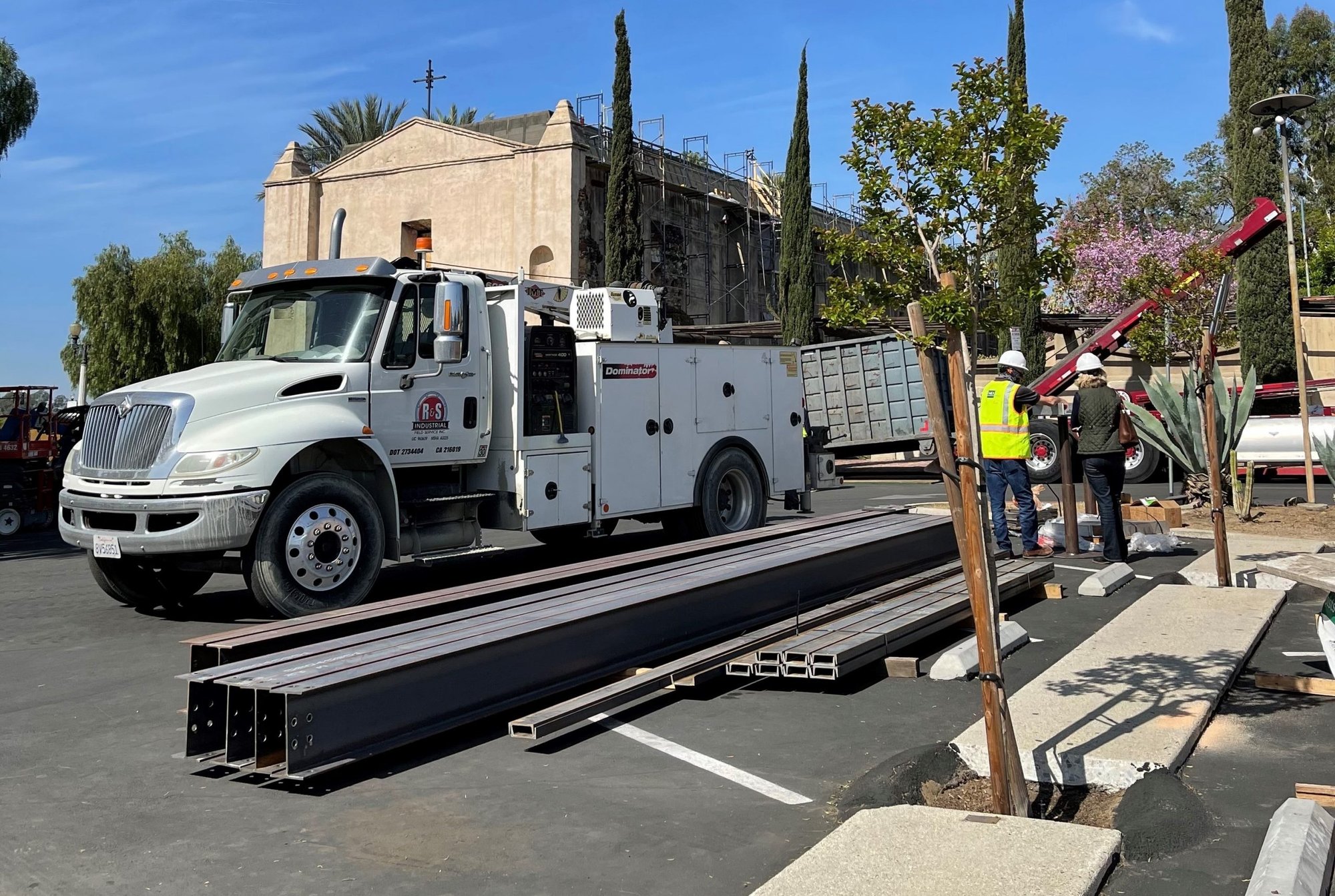 The steel beams that will support Mission San Gabriel's new roof arrived this month. (Terri Huerta)