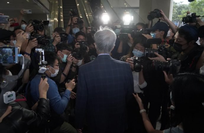 Pro-democracy activist Martin Lee, center, arrives at a court in Hong Kong Friday, April 16, 2021. Seven of Hong Kong’s leading pro-democracy advocates, including Lee and pro-democracy media tycoon Jimmy Lai, are expected to be sentenced Friday for organizing a march during the 2019 anti-government protests that triggered an overwhelming crackdown from Beijing. (Kin Cheung/AP via Crux)