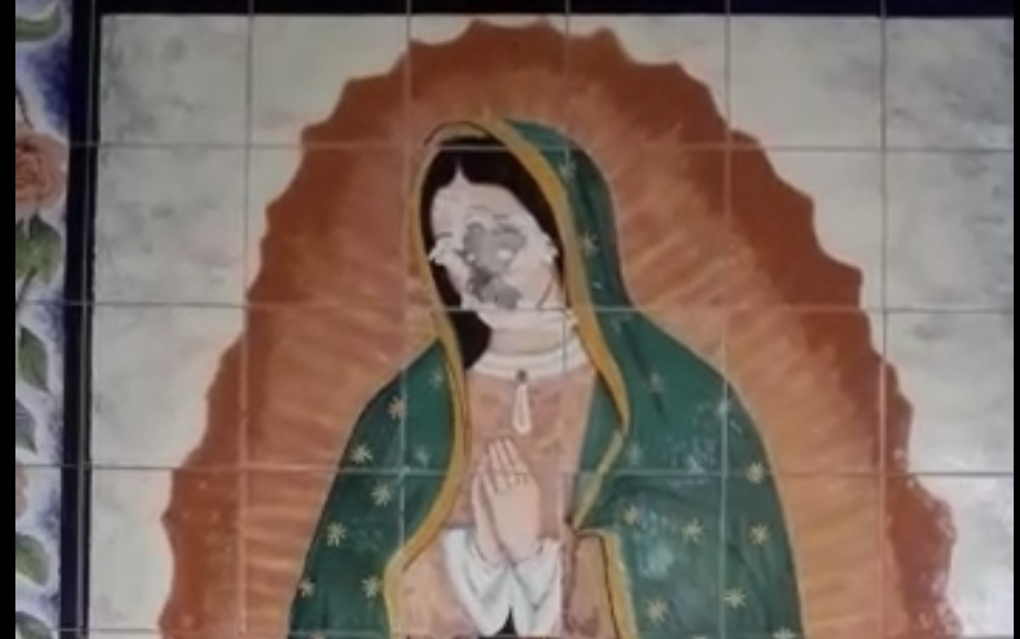 The mural of Our Lady of Guadalupe at St. Elisabeth of Hungary Church in Van Nuys was damaged in a late-night attack April 21. (Courtesy St. Elisabeth of Hungary Church)