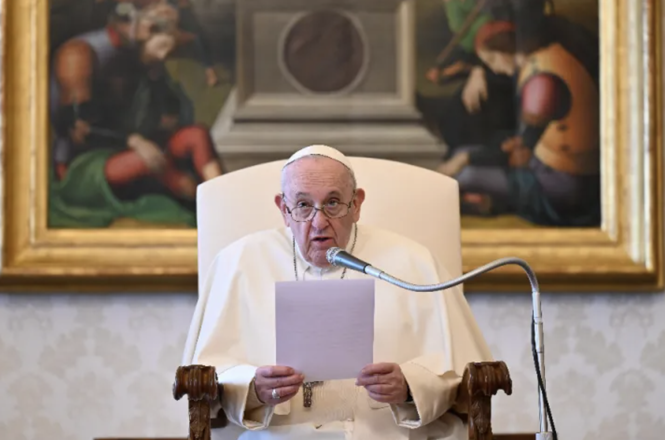 Pope Francis at his general audience address in the library of the Apostolic Palace April 7, 2021. (Vatican Media)