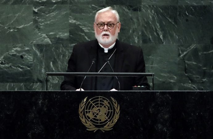 The Holy See Secretary of State Archbishop Paul Richard Gallagher addresses the 73rd session of the United Nations General Assembly, at U.N. headquarters, Monday, Oct. 1, 2018. (Richard Drew/AP via Crux)