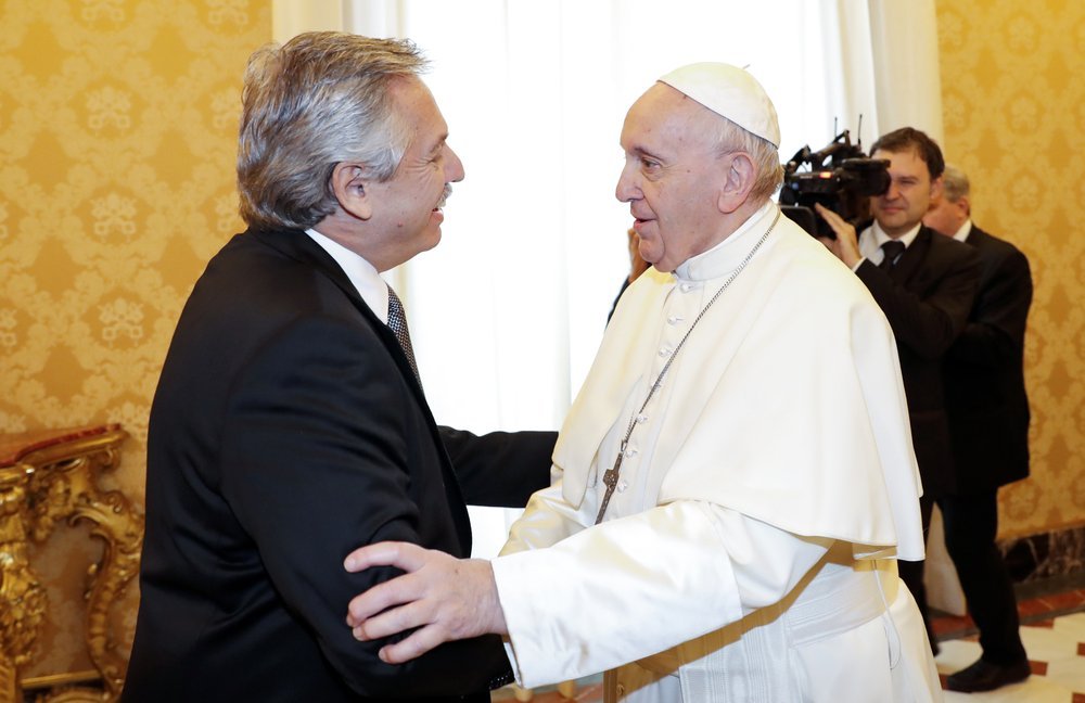 In a file photo, Pope Francis welcomes Argentina's President Alberto Fernandez, left, on the occasion of their private audience at the Vatican, Friday, Jan. 31, 2020. (Remo Casilli/Pool Photo via AP/Crux)