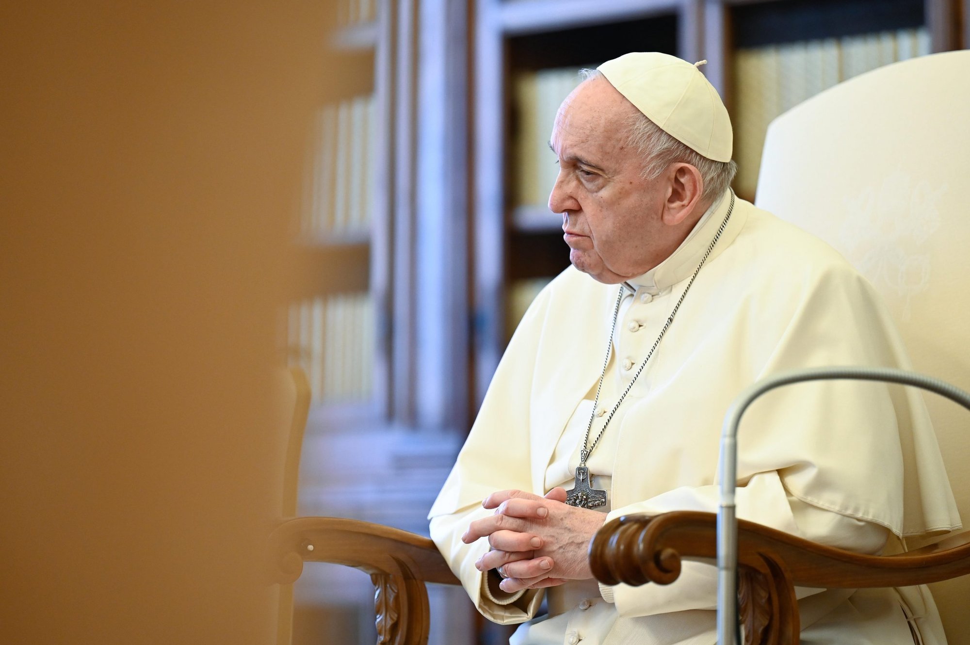 Pope Francis leads his general audience in the library of the Apostolic Palace at the Vatican May 5, 2021. (CNS photo/Vatican Media)