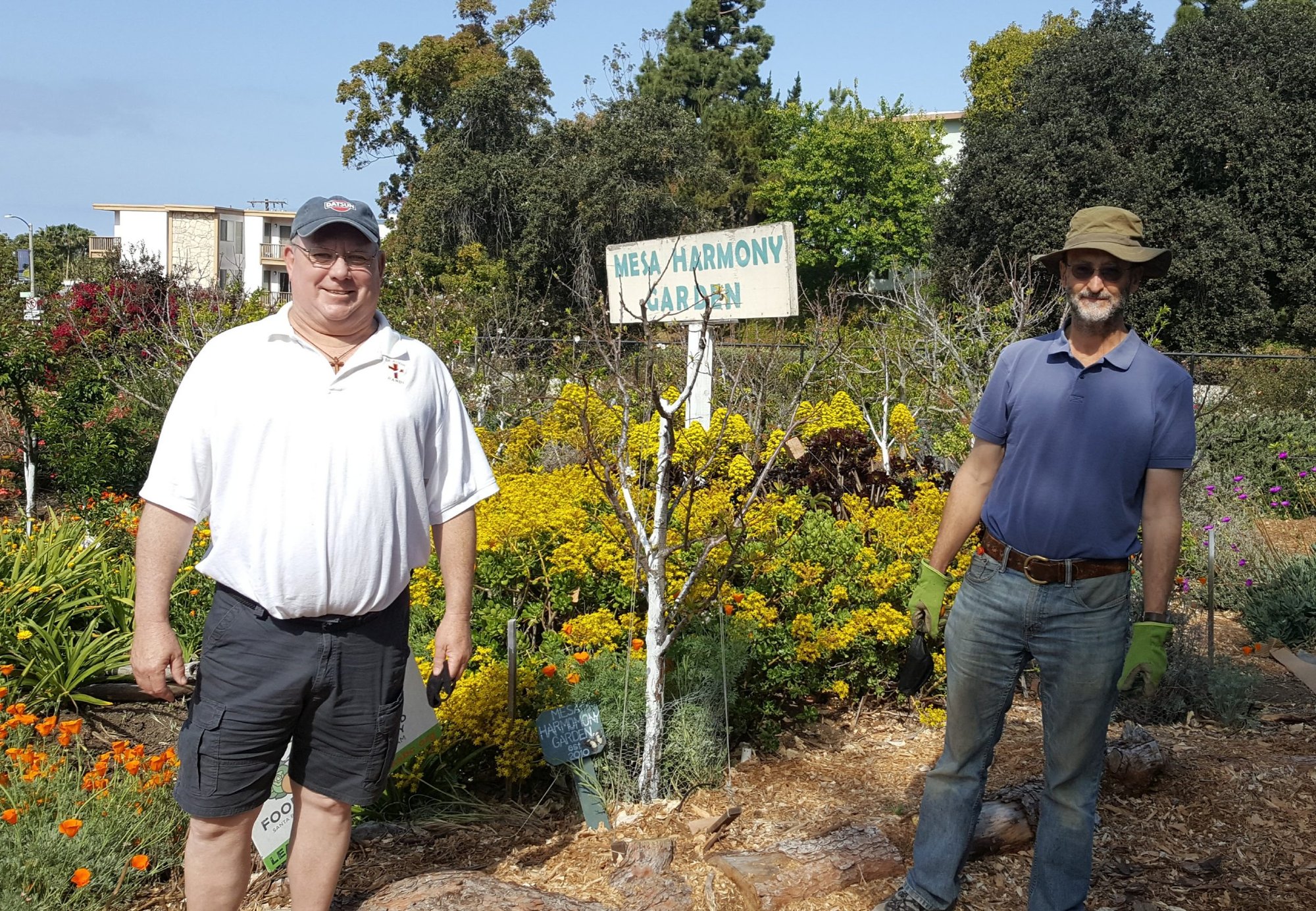 Since its launch in 2010, Mesa Harmony Garden founder Deacon Randy Saake (left) and Hugh Kelly, board president, have been tending the garden near Holy Cross Church in Santa Barbara. (Mike Nelson)
