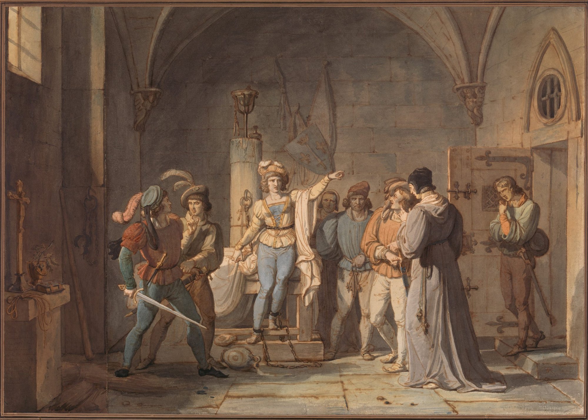 St. Joan of Arc Imprisoned in Rouen, 1819, by Pierre Henri Revoil. (Metropolitan Museum of Art)Joan of Arc Imprisoned in Rouen, 1819 French, Pen and brown ink, watercolor, and wash on two sheets of laid paper, mounted together on a sheet of laid paper; 18 7/8 x 26 7/8 in. (48 x 68.2 cm.) The Metropolitan Museum of Art, New York, Purchase, The Isaacson-Draper Foundation, 2003 (2003.152) http://www.metmuseum.org/Collections/search-the-collections/359618