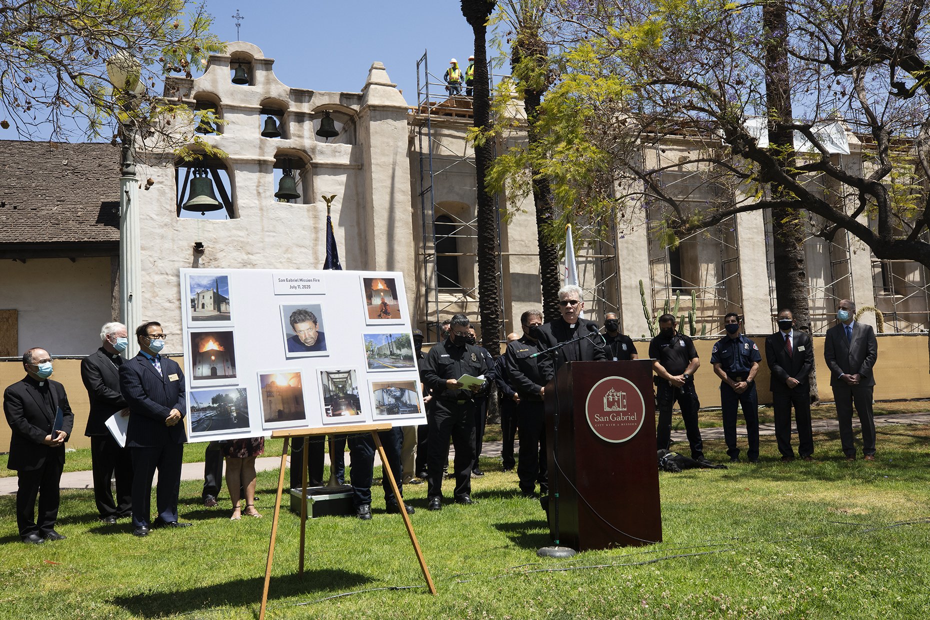 Mission San Gabriel pastor Fr. John Molyneux, CMF speaks at the May 4 press conference outside the mission. (Victor Alemán)