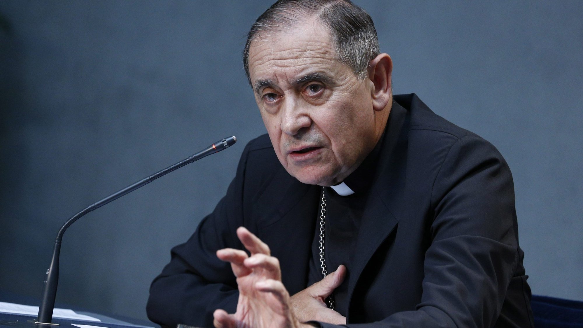 Bishop Juan Ignacio Arrieta, secretary of the Pontifical Council for Legislative Texts, attends a press conference to discuss revisions to the Code of Canon Law, at the Vatican June 1, 2021. Pope Francis has promulgated a revised section of the Code of Canon Law dealing with crimes and punishments. (CNS photo/Paul Haring)
