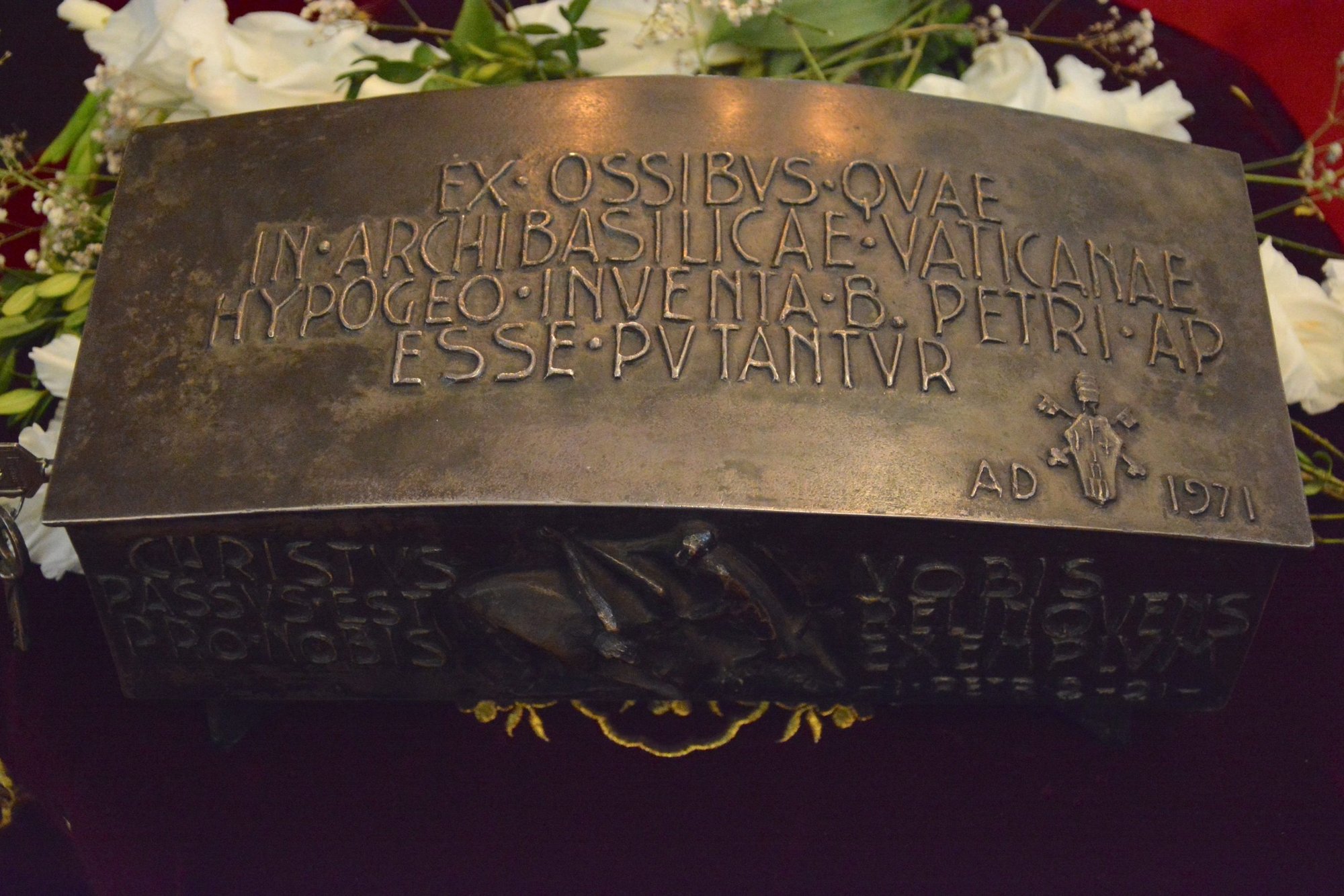 The reliquary commissioned by St. Paul VI to hold bone fragments believed to belong to St. Peter the Apostle is seen in this June 30, 2019, file photo. A debate has ignited after three Italian researchers published a paper asserting that St. Peters remains may have been -- and continue to be -- buried in catacombs under the Mausoleum of St. Helena rather than under St. Peter's Basilica. (CNS photo/courtesy Ecumenical Patriarchate of Constantinople)