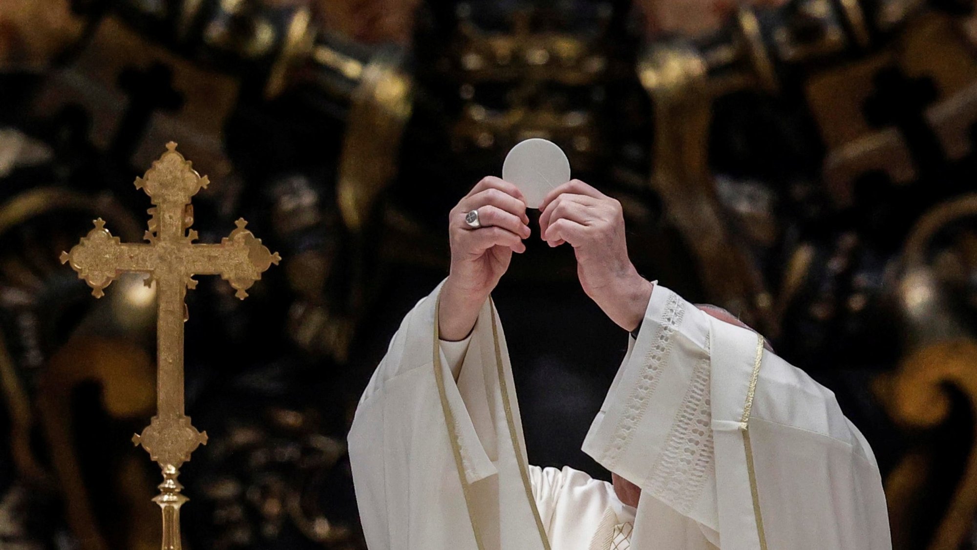 Pope Francis celebrates the Eucharist during Mass on the feast of Corpus Christi in St. Peter's Basilica at the Vatican June 6, 2021. (CNS photo/Giuseppe Lami, Reuters pool)