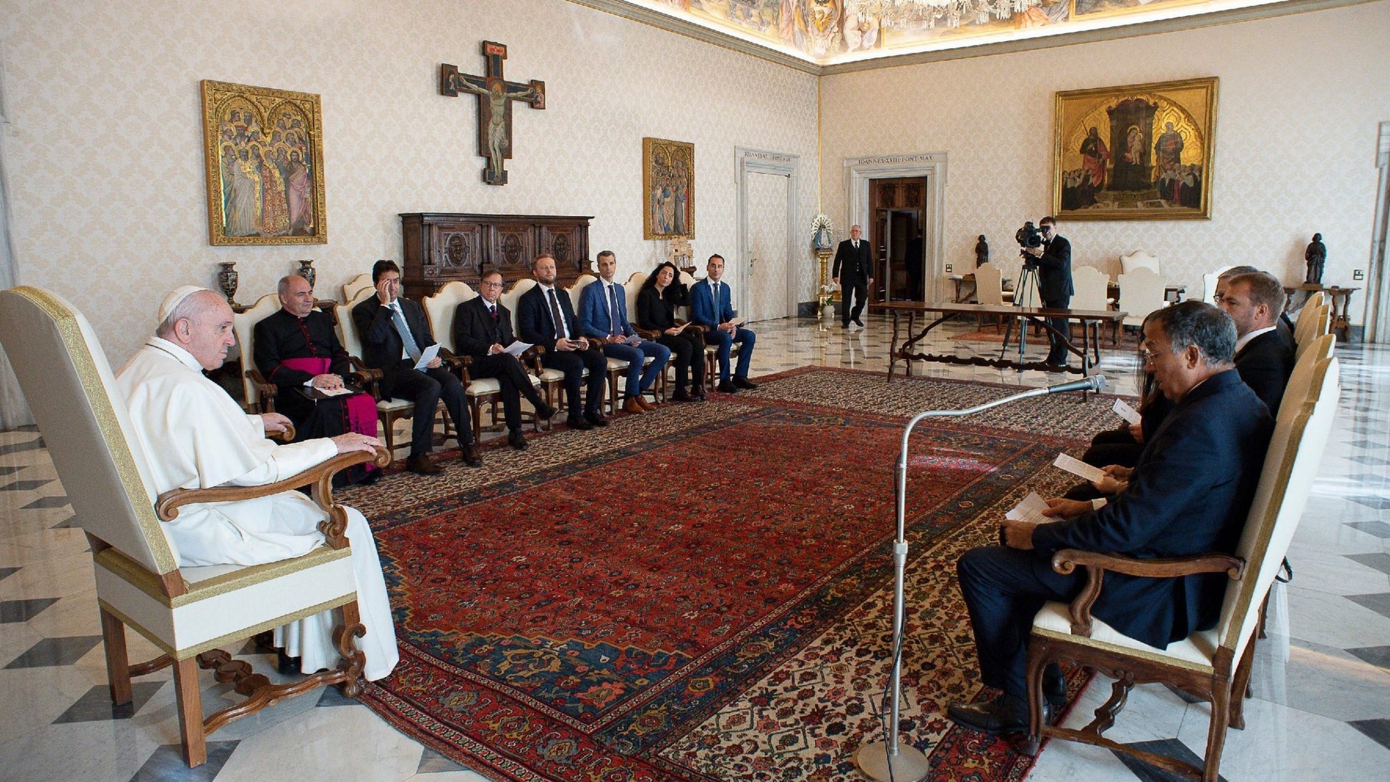 Pope Francis leads a meeting with experts from Moneyval, the European financial crime evaluators, at the Vatican in this Oct. 8, 2020, file photo. In a report published June 9, 2021, Moneyval said that while the Vatican has made progress in improving its financial oversight, internal cases involving "mid-level and senior" officials have raised "a red flag for potential abuse." (CNS photo/Vatican Media)