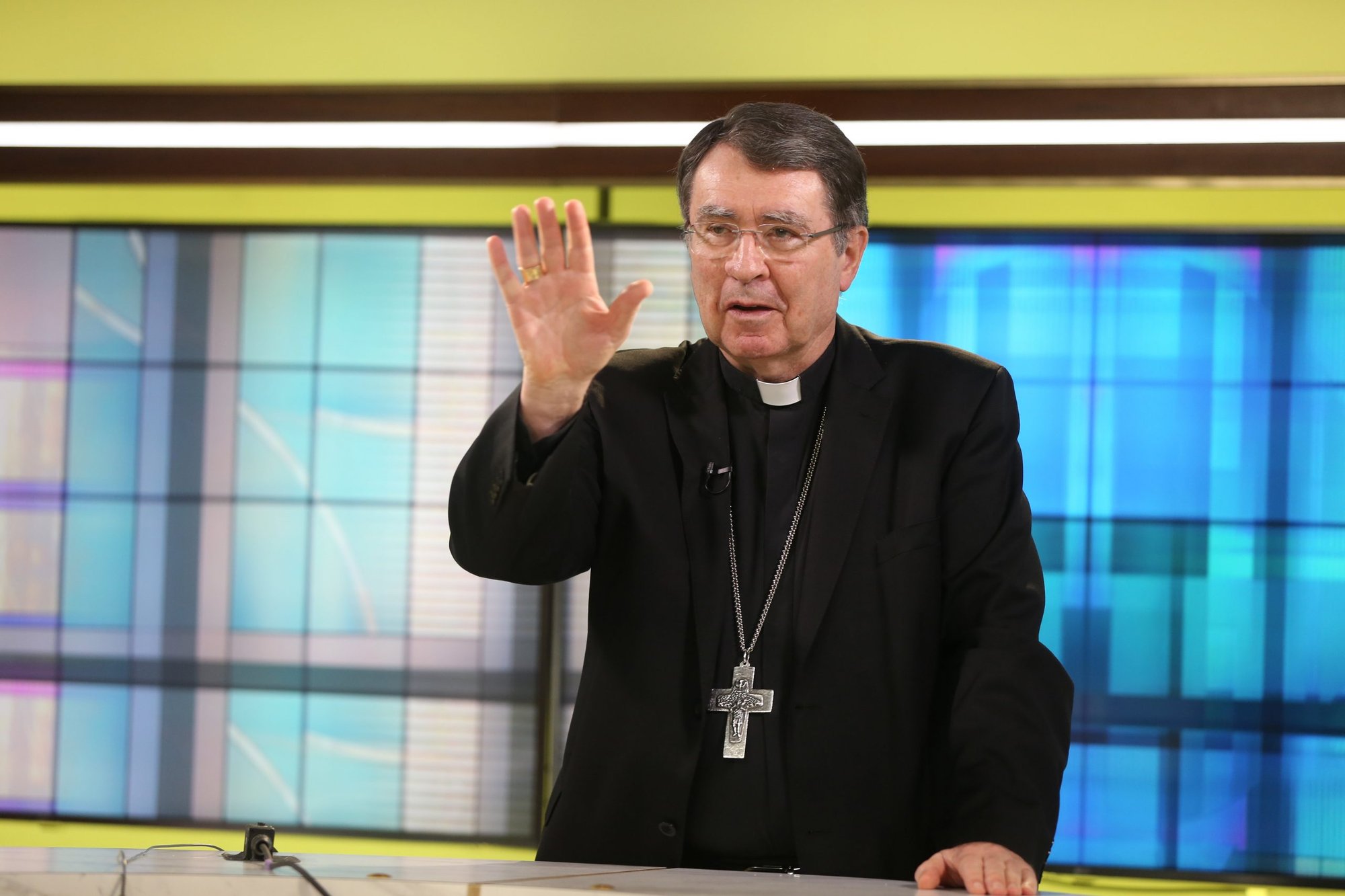 Archbishop Christophe Pierre, apostolic nuncio to the United States, gestures June 10, 2021, before recording his address to be delivered June 16, the first day of the U.S. Conference of Catholic Bishops' spring meeting, held virtually due to pandemic concerns. Archbishop Pierre recorded the speech in the studio at the USCCB headquarters in Washington. (CNS photo/Bob Roller)