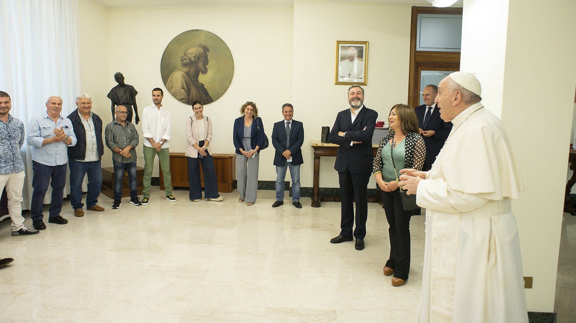 Pope Francis leads a meeting with inmates and staff from the Rebibbia prison in Rome, at his residence at the Vatican June 21, 2021. The pope met with around 22 inmates and staff of the prison. (CNS photo/Vatican Media)