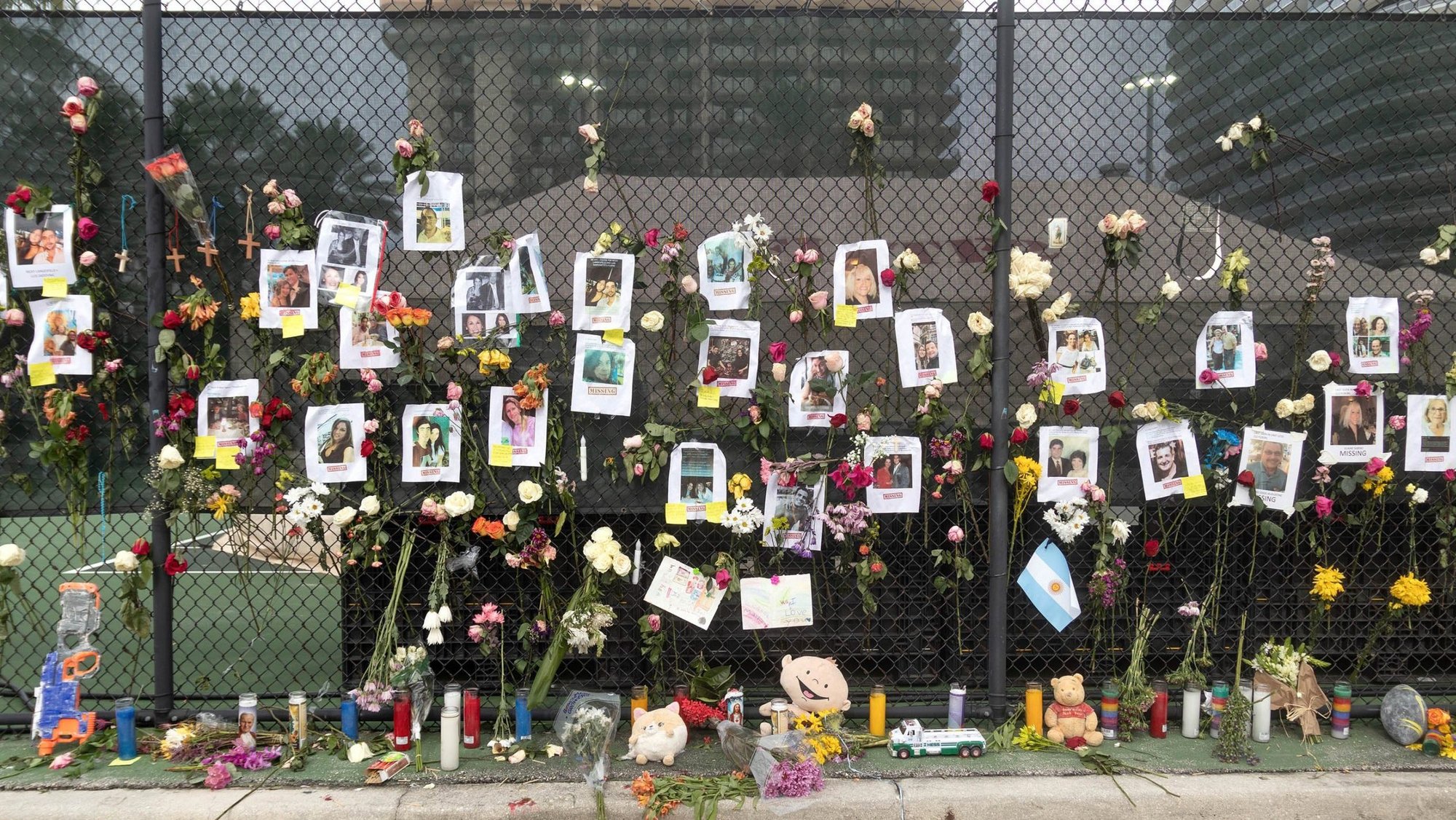 A makeshift memorial is seen June 26, 2021, near the site of the partially collapsed condo building in Surfside, Fla., for those who have died and who are still missing. (CNS photo/Tom Tracy, Florida Catholic)