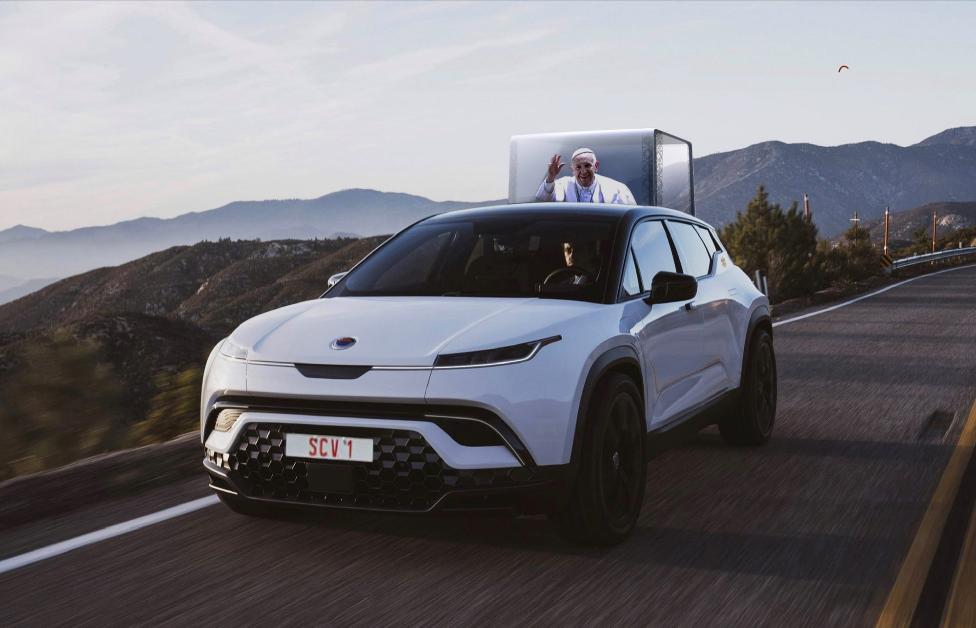 A artist's rendering of the new popemobile being developed for Pope Francis. "The spacious interior of the Fisker Ocean SUV supports a large, modern, all-glass cupola, offering accessibility and visibility for Pope Francis to greet the faithful," according the Manhattan Beach-based carmaker.