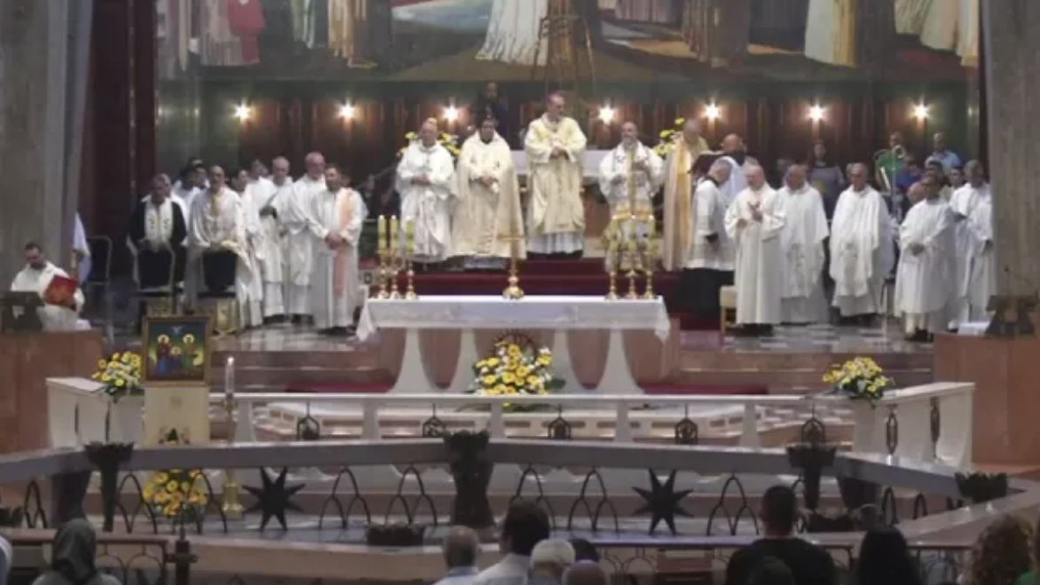 Screen grab of Mass at the Basilica of the Annunciation in Nazareth, Israel, June 27, 2021. (Latin Patriarchate of Jerusalem livestream via CNA)
