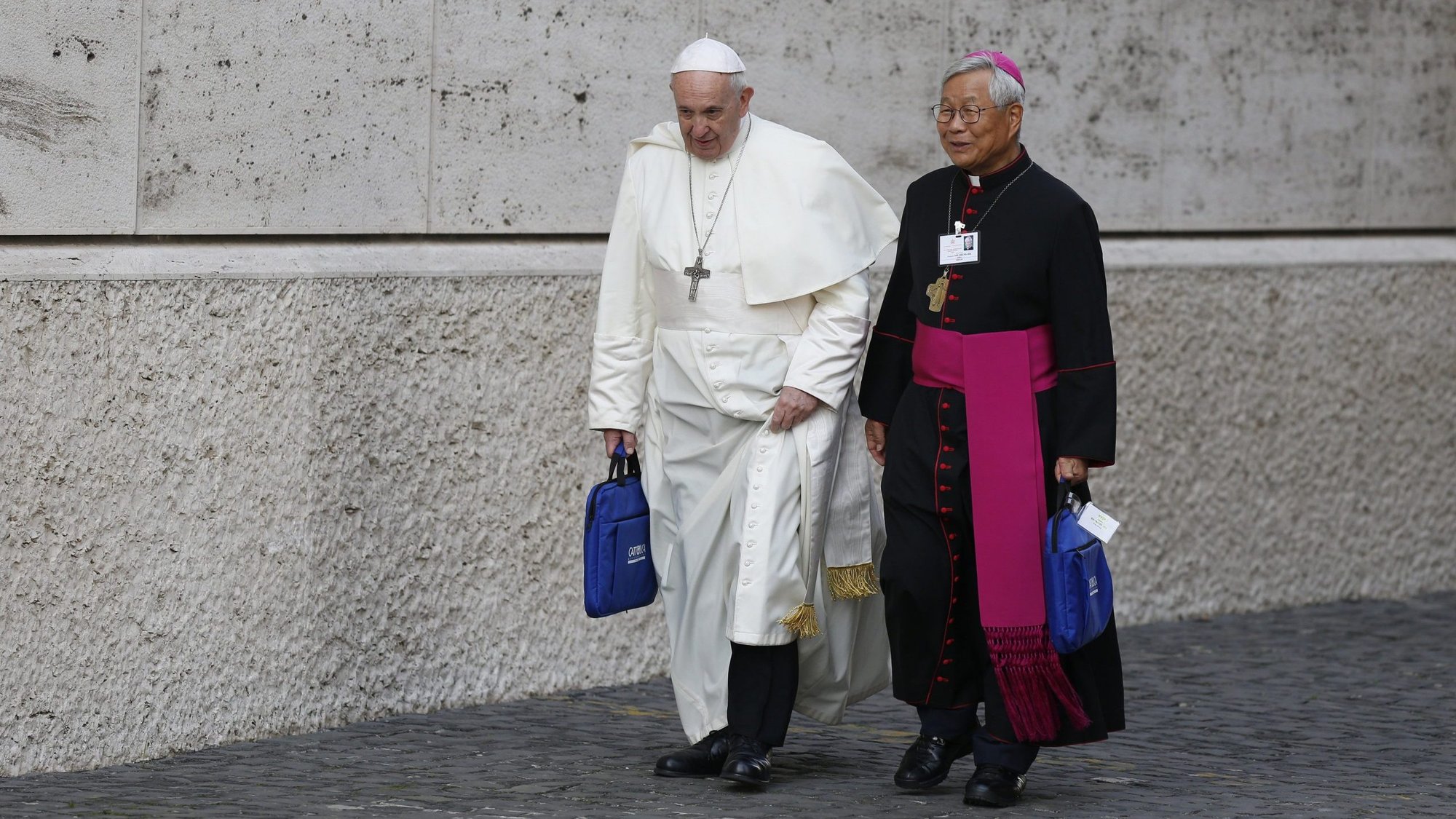 Pope Francis and then-Bishop Lazarus You Heung-sik of Daejeon, South Korea, arrive for a session of the Synod of Bishops on young people, the faith and vocational discernment at the Vatican in this Oct. 16, 2018, file photo. (CNS photo/Paul Haring)