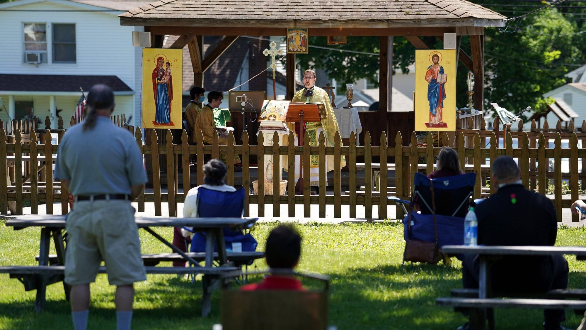 Father Vladyslav Budash delivers the homily during a Pentecost Divine Liturgy May 31, 2020, on the grounds of Resurrection Byzantine Catholic Church in Smithtown, N.Y., amid the coronavirus pandemic. (CNS photo/courtesy Gregory A. Shemitz)