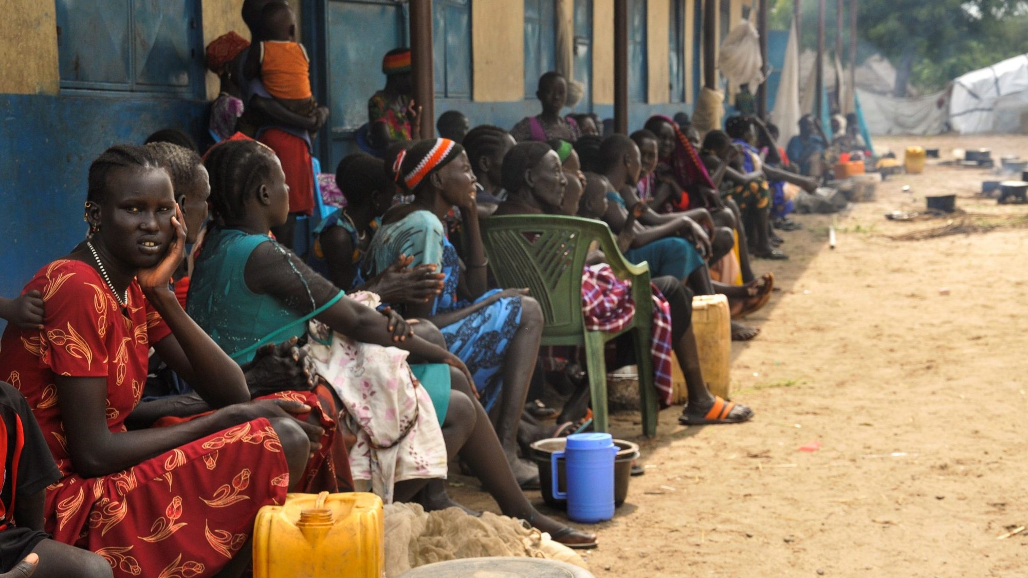 Internally displaced South Sudanese families sit outside a classroom in Jonglei, South Sudan, Sept. 24, 2020. As South Sudan marks 10 years of independence, there is little to celebrate, church leaders say. (CNS photo/Denis Dumo, Reuters)