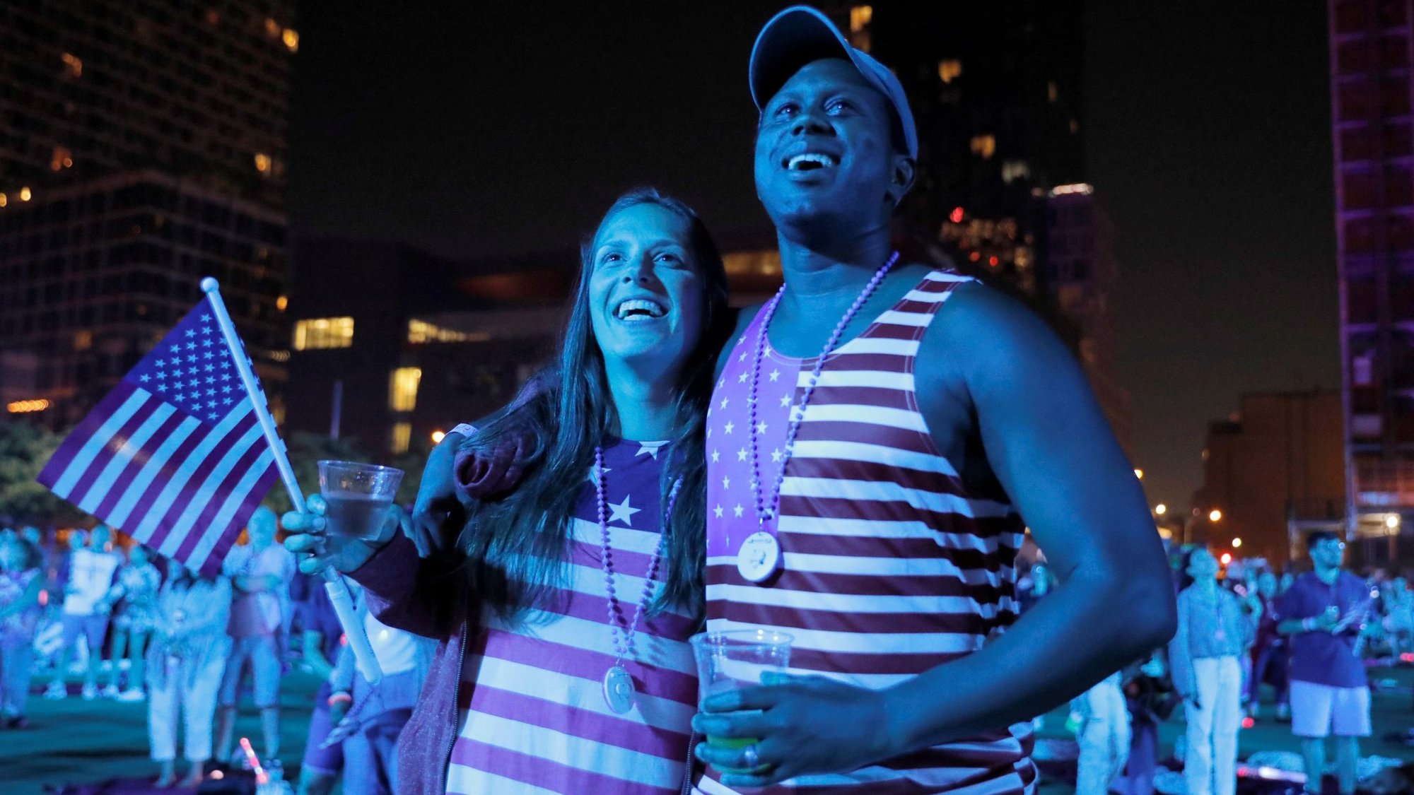 People watch the Fourth of July fireworks in New York City July 4, 2021. (CNS photo/Andrew Kelly, Reuters)
