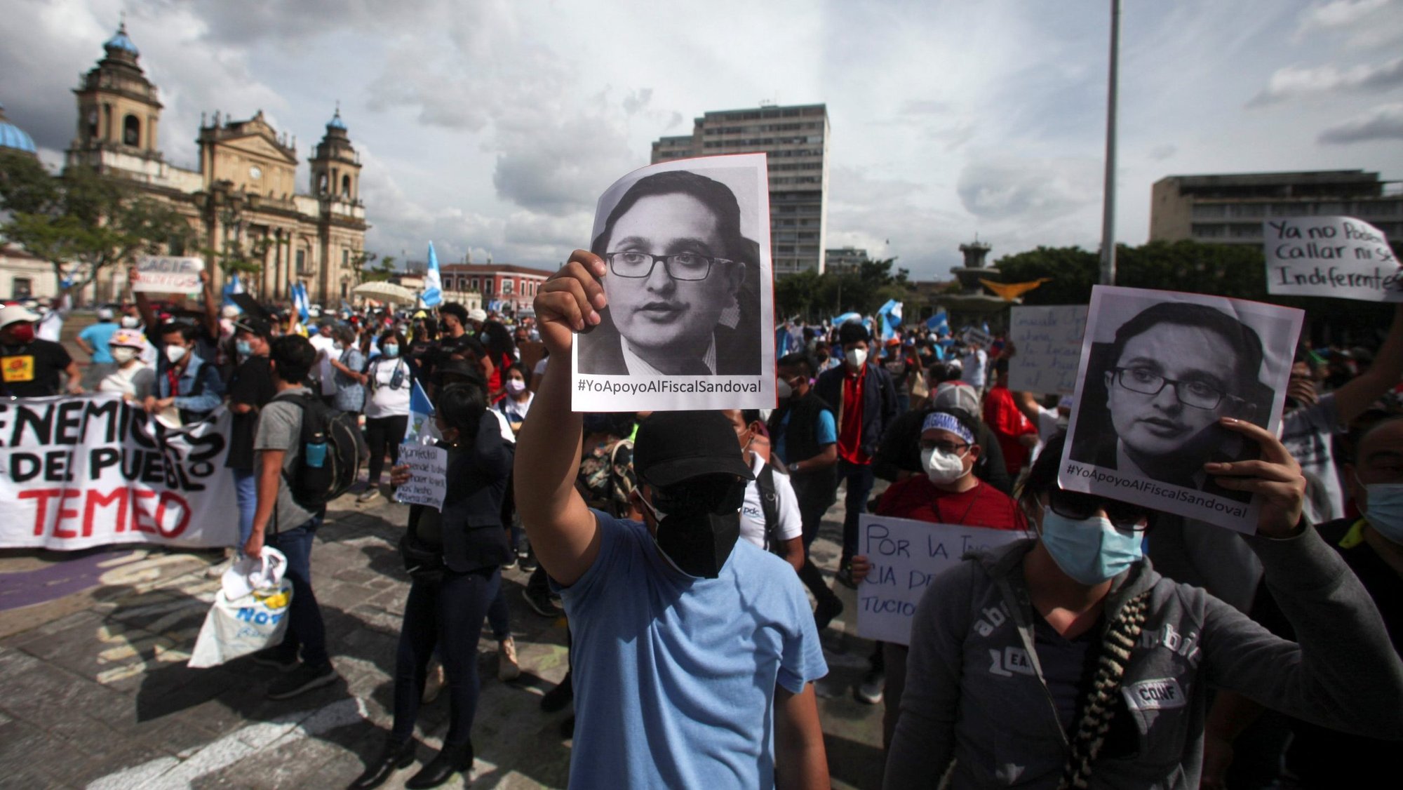 People take part in a protest in Guatemala City July 24, 2021, in support of Juan Francisco Sandoval, who was removed by the Guatemalan attorney general as head of the Special Prosecutor's Office Against Impunity July 23. (CNS photo/Sandra Sebastian, Reuters)